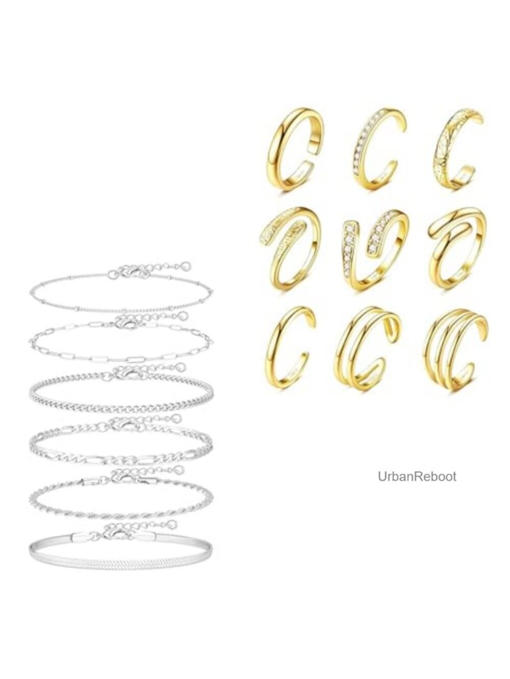 14K Gold Filled Toe Rings & Waterproof Ankle Bracelets Set, 9pcs Stackable Foot